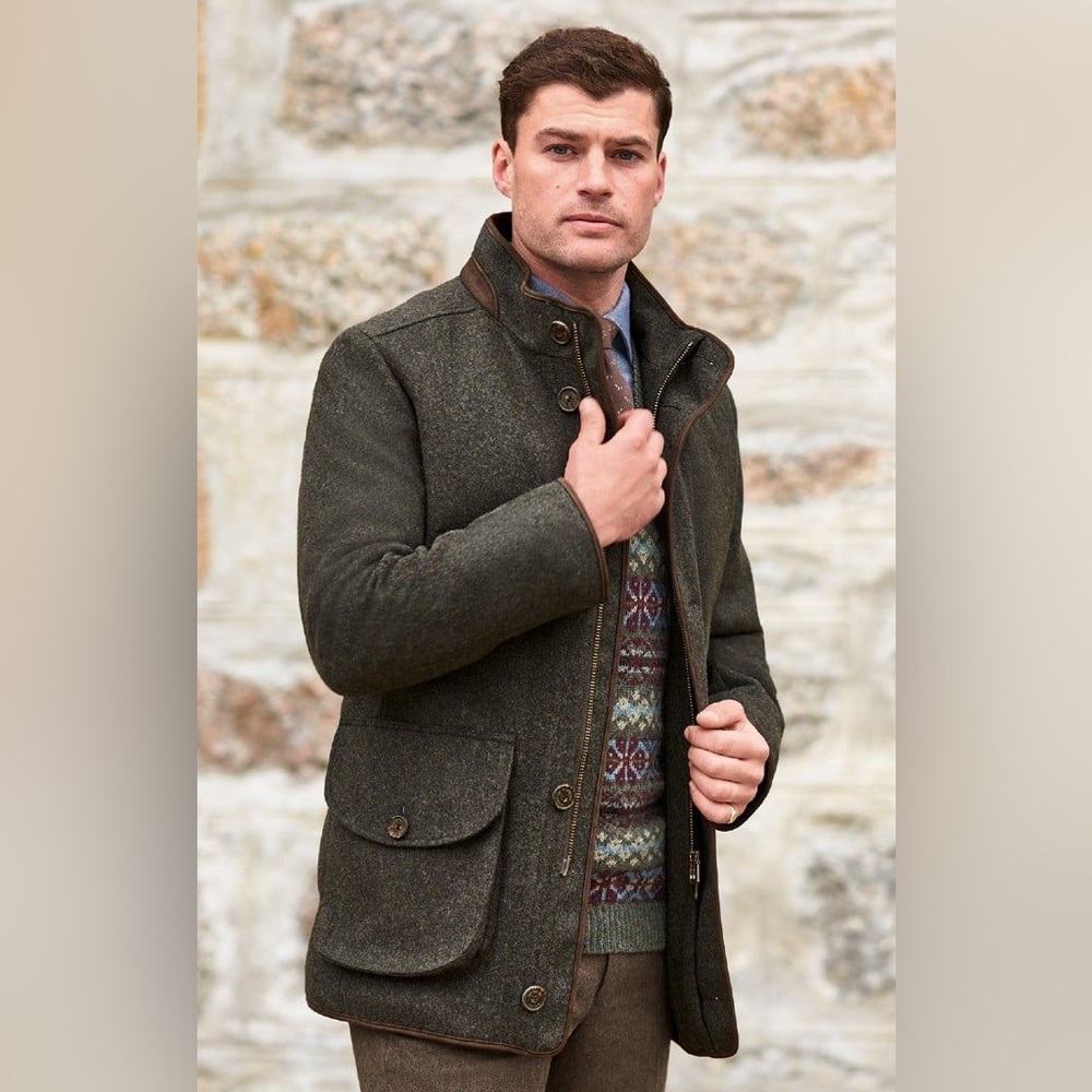 House Of Bruar Men’s Loden Trim Coat Wool Blend Sz 46 XL Green